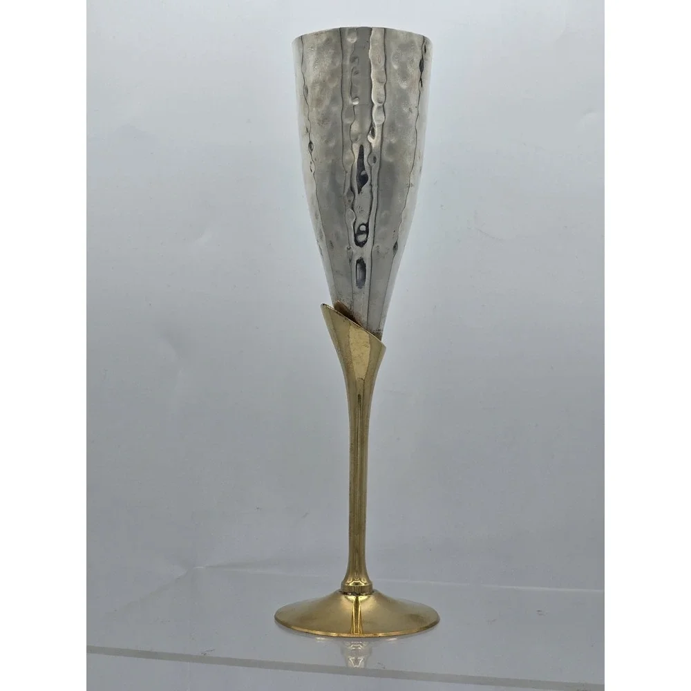Engraved Brass Goblet Champagne Glass Flute‎ - Silver And Gold Tone